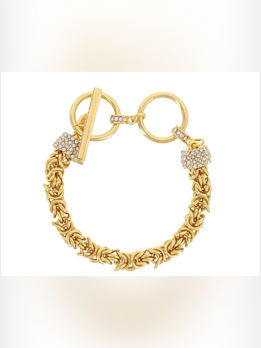 White Crystal Gold Tone 8mm Byzantine Link Bracelet